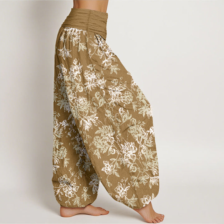 Pantalones bombachos de mujer con cintura elástica y estampado retro de pétalos en capas de algodón con Buddha Stones - image 7