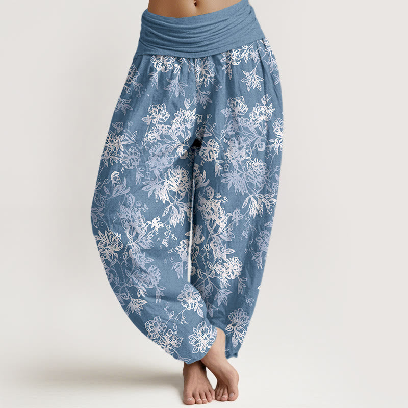 Pantalones bombachos de mujer con cintura elástica y estampado retro de pétalos en capas de algodón con Buddha Stones - Azul aciano - US16，UK/AU20，EU48 (3XL) - image 8
