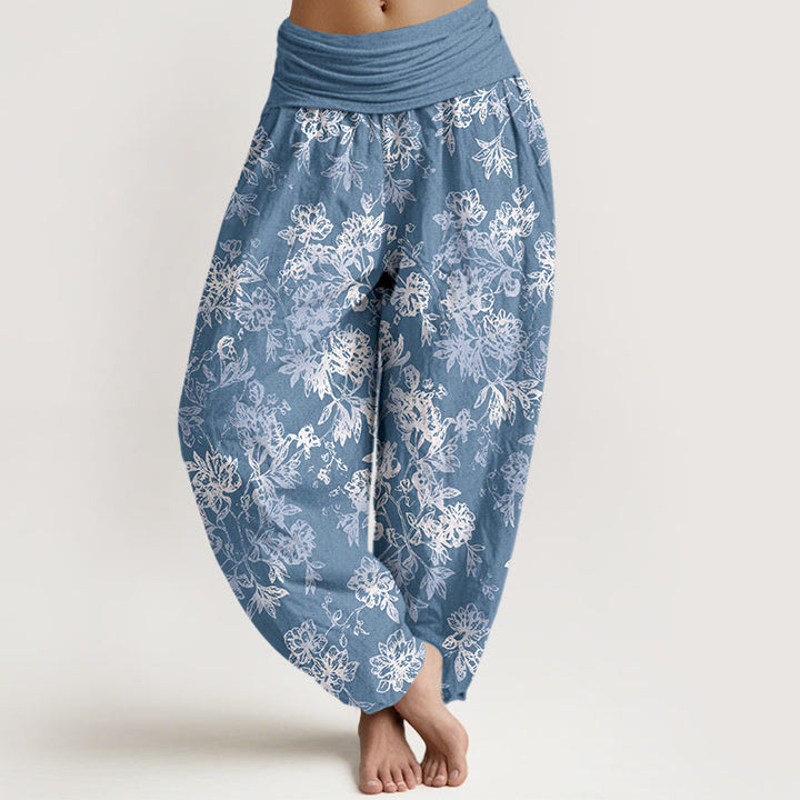 Pantalones bombachos de mujer con cintura elástica y estampado retro de pétalos en capas de algodón con Buddha Stones - Azul aciano - US16，UK/AU20，EU48 (3XL) - image 8