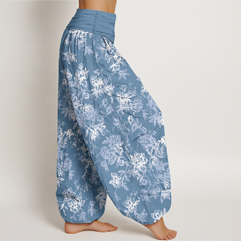Pantalones bombachos de mujer con cintura elástica y estampado retro de pétalos en capas de algodón con Buddha Stones - image 10