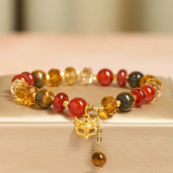 Pulsera de cuentas con dije de zorro, ojo de tigre y Buddha Stones. - Ágata roja (circunferencia de la muñeca: 14-19 cm) - image 0