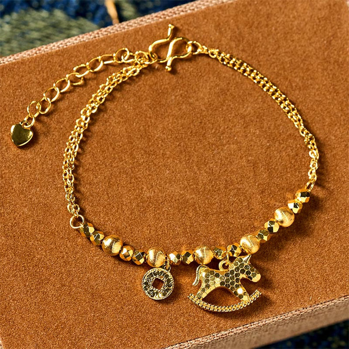 Pulsera de la suerte con moneda de cobre chapada en oro de 24k y Buddha Stones del zodiaco chino Año del Caballo - Caballo (circunferencia de la muñeca: 14-16 cm) - image 0