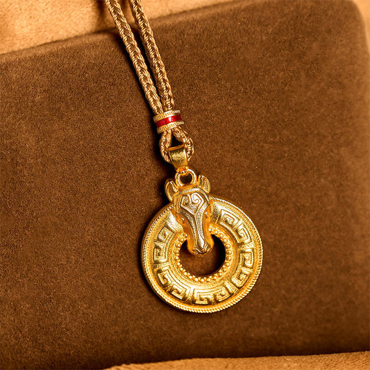 Collar con colgante de cobre chapado en oro con hebilla de la paz y el símbolo Fu , con Buddha Stones del Año del Caballo y símbolo de la paz. - image 3