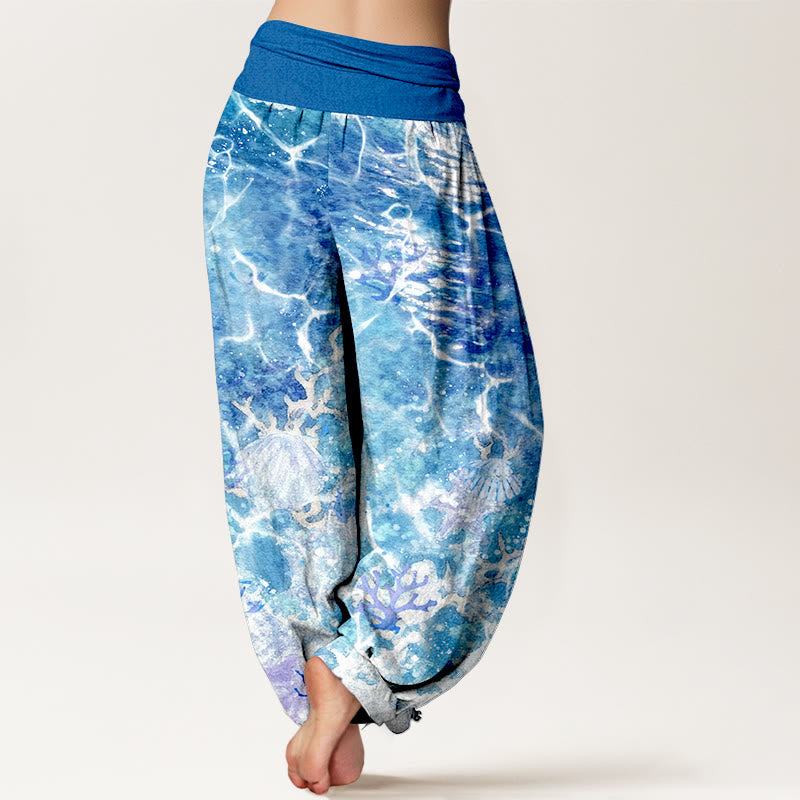 Pantalones bombachos de cintura elástica para mujer con estampado de conchas marinas y corales, de algodón con Buddha Stones. - image 1