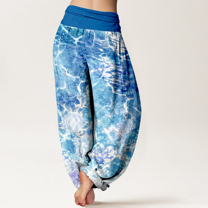 Pantalones bombachos de cintura elástica para mujer con estampado de conchas marinas y corales, de algodón con Buddha Stones. - image 1