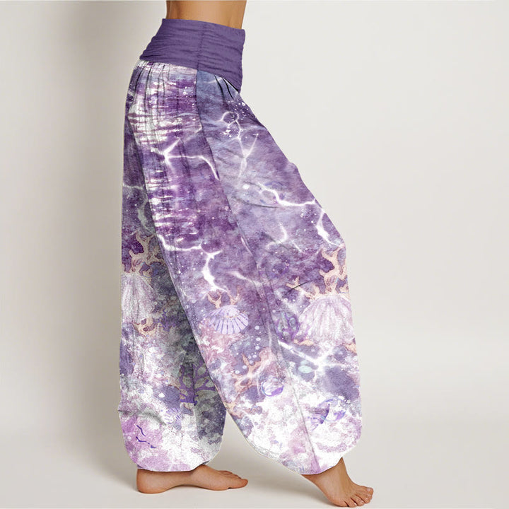 Pantalones bombachos de cintura elástica para mujer con estampado de conchas marinas y corales, de algodón con Buddha Stones. - image 7