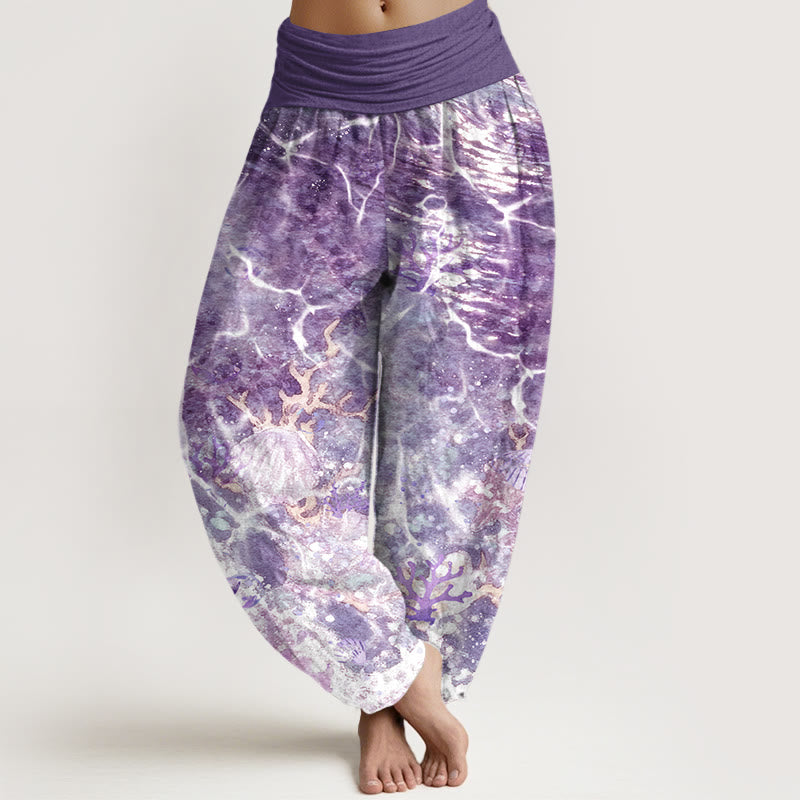 Pantalones bombachos de cintura elástica para mujer con estampado de conchas marinas y corales, de algodón con Buddha Stones. - Violeta oscuro - US16，UK/AU20，EU48 (3XL) - image 5