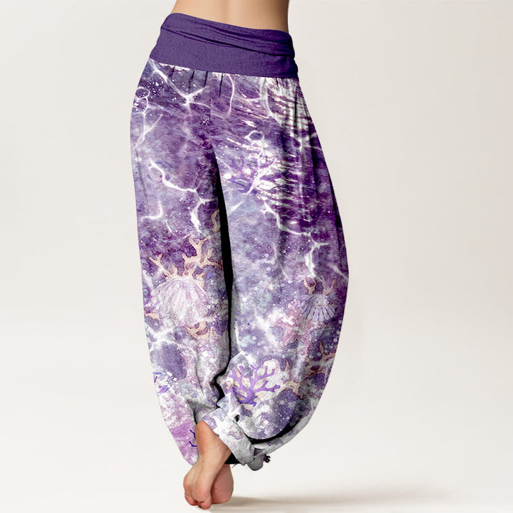 Pantalones bombachos de cintura elástica para mujer con estampado de conchas marinas y corales, de algodón con Buddha Stones. - image 6