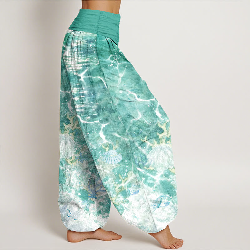 Pantalones bombachos de cintura elástica para mujer con estampado de conchas marinas y corales, de algodón con Buddha Stones. - image 10