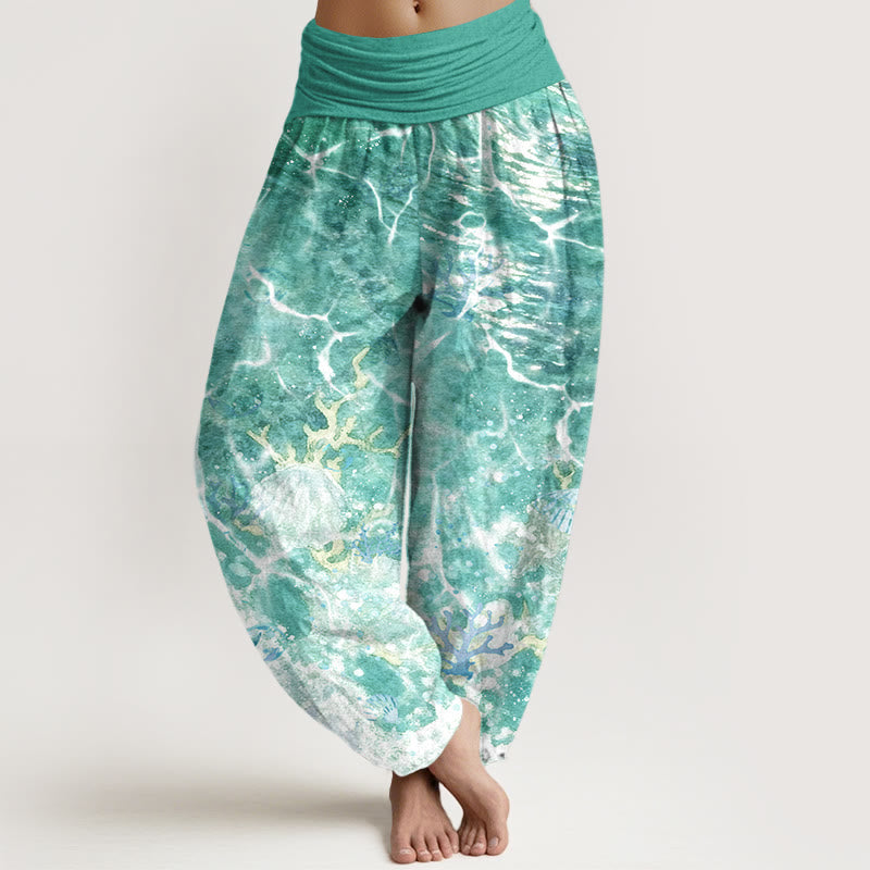 Pantalones bombachos de cintura elástica para mujer con estampado de conchas marinas y corales, de algodón con Buddha Stones. - Verde mar claro - US16，UK/AU20，EU48 (3XL) - image 8