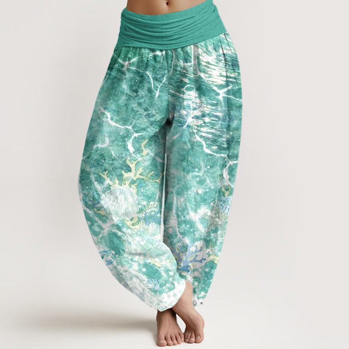 Pantalones bombachos de cintura elástica para mujer con estampado de conchas marinas y corales, de algodón con Buddha Stones. - Verde mar claro - US16，UK/AU20，EU48 (3XL) - image 8