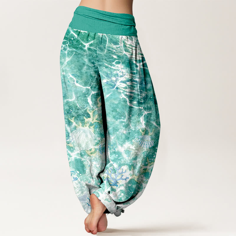 Pantalones bombachos de cintura elástica para mujer con estampado de conchas marinas y corales, de algodón con Buddha Stones. - image 9