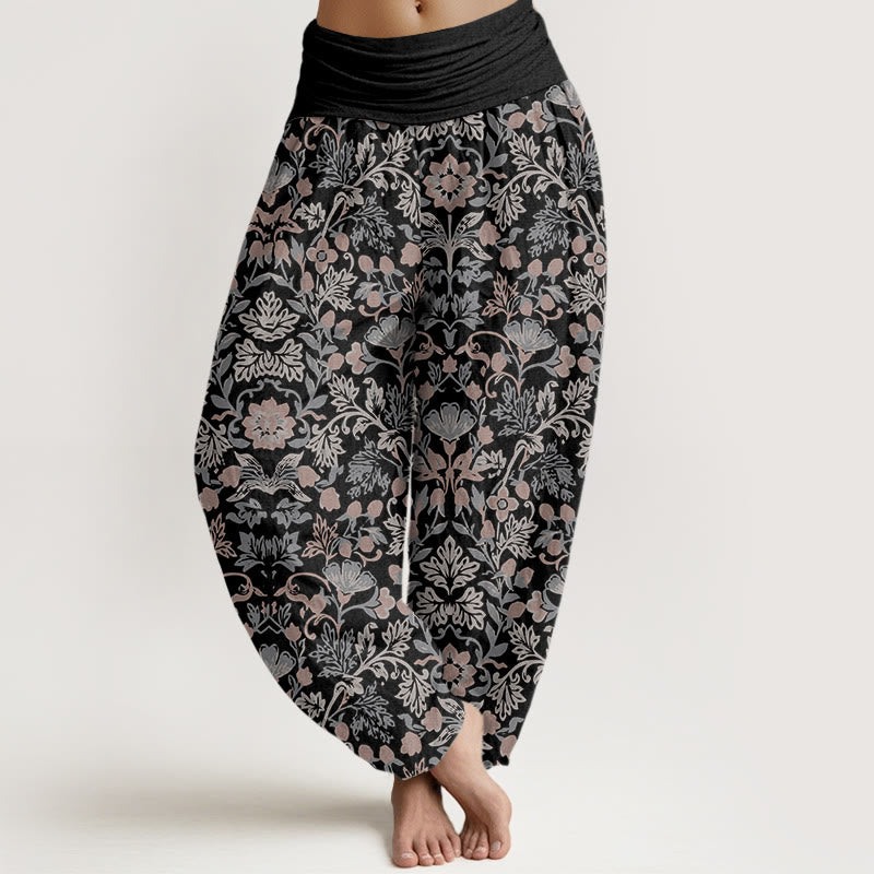 Pantalones bombachos de cintura elástica para mujer, de algodón puro con intrincado estampado de flores, hojas y enredaderas, de Buddha Stones. - Negro - US16，UK/AU20，EU48 (3XL) - image 0