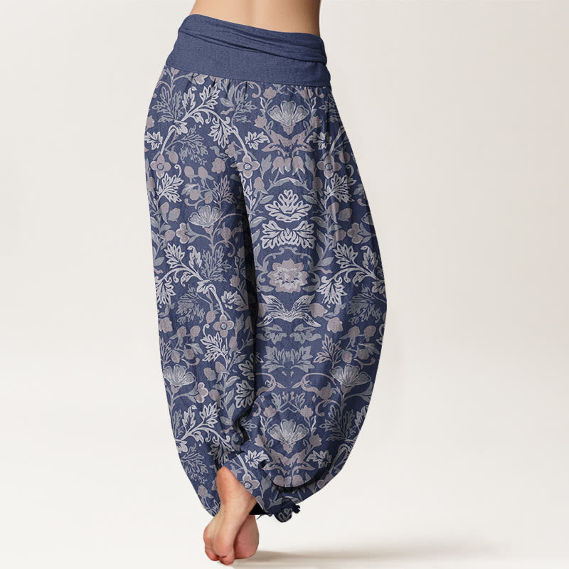 Pantalones bombachos de cintura elástica para mujer, de algodón puro con intrincado estampado de flores, hojas y enredaderas, de Buddha Stones. - image 6