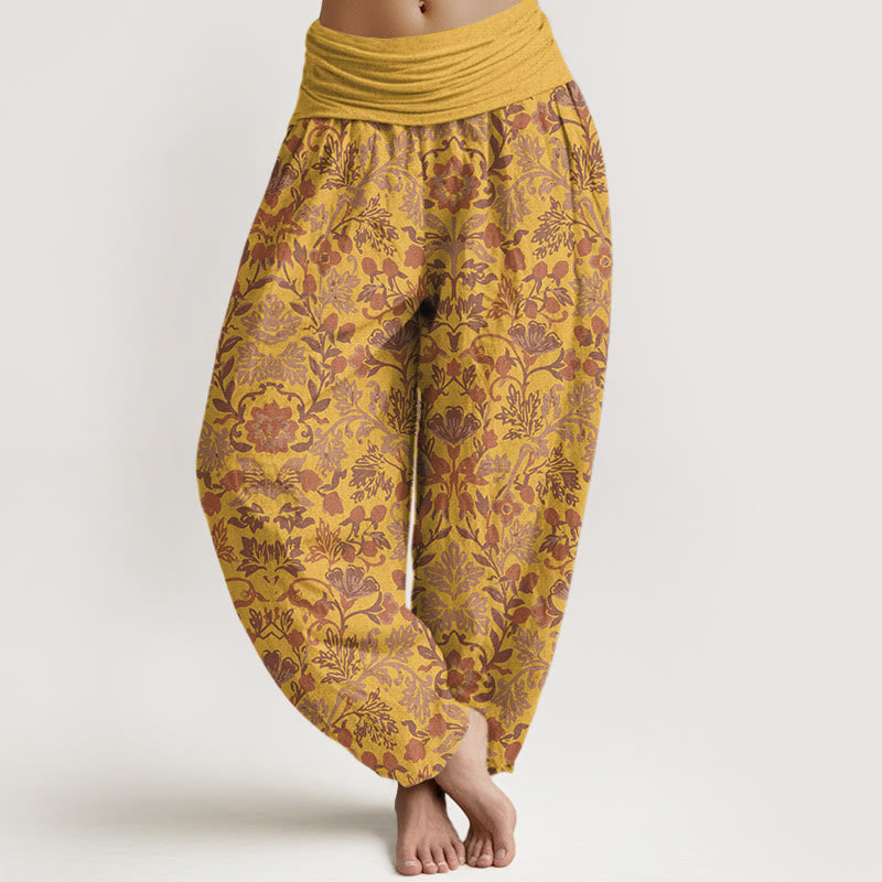 Pantalones bombachos de cintura elástica para mujer, de algodón puro con intrincado estampado de flores, hojas y enredaderas, de Buddha Stones. - Oro - US16，UK/AU20，EU48 (3XL) - image 8