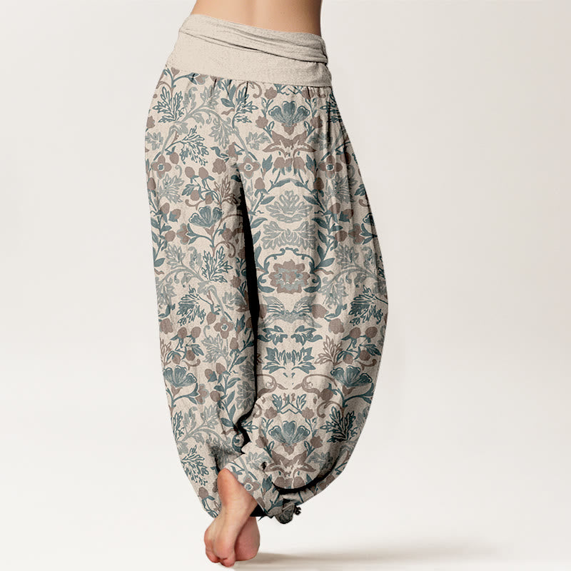 Pantalones bombachos de cintura elástica para mujer, de algodón puro con intrincado estampado de flores, hojas y enredaderas, de Buddha Stones. - image 12