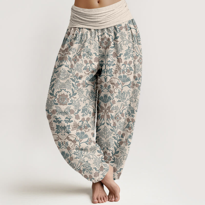 Pantalones bombachos de cintura elástica para mujer, de algodón puro con intrincado estampado de flores, hojas y enredaderas, de Buddha Stones. - Beige - US16，UK/AU20，EU48 (3XL) - image 11