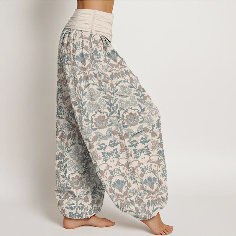 Pantalones bombachos de cintura elástica para mujer, de algodón puro con intrincado estampado de flores, hojas y enredaderas, de Buddha Stones. - image 13