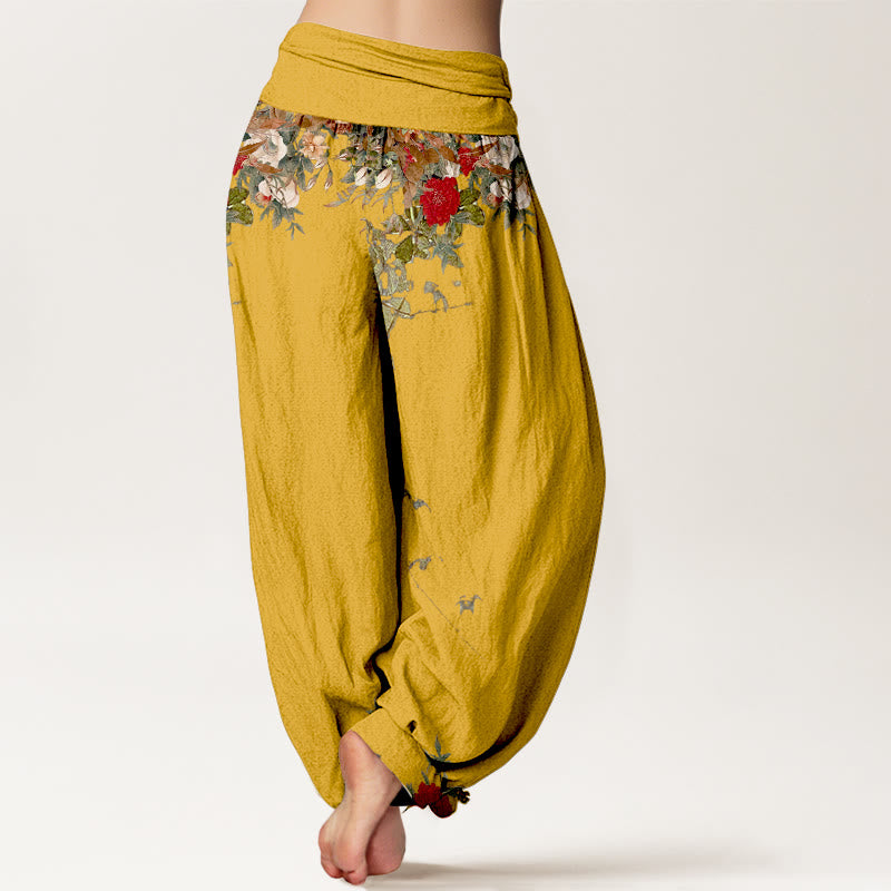 Pantalones bombachos de cintura elástica para mujer, de algodón puro con estampado de flores y hojas de colores y piedras de Buddha Stones. - image 1