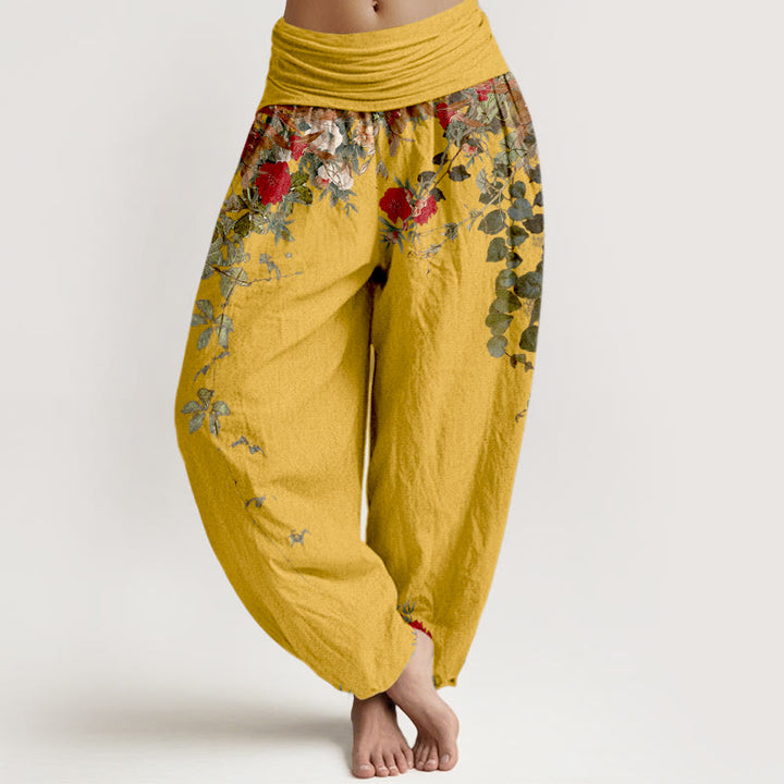 Pantalones bombachos de cintura elástica para mujer, de algodón puro con estampado de flores y hojas de colores y piedras de Buddha Stones. - Oro - US16，UK/AU20，EU48 (3XL) - image 0