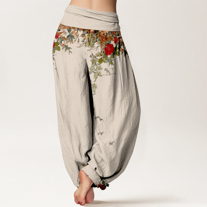 Pantalones bombachos de cintura elástica para mujer, de algodón puro con estampado de flores y hojas de colores y piedras de Buddha Stones. - image 9