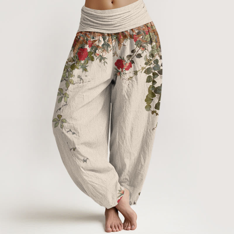 Pantalones bombachos de cintura elástica para mujer, de algodón puro con estampado de flores y hojas de colores y piedras de Buddha Stones. - Beige - US16，UK/AU20，EU48 (3XL) - image 8