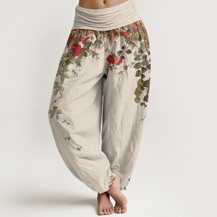 Pantalones bombachos de cintura elástica para mujer, de algodón puro con estampado de flores y hojas de colores y piedras de Buddha Stones. - Beige - US16，UK/AU20，EU48 (3XL) - image 8