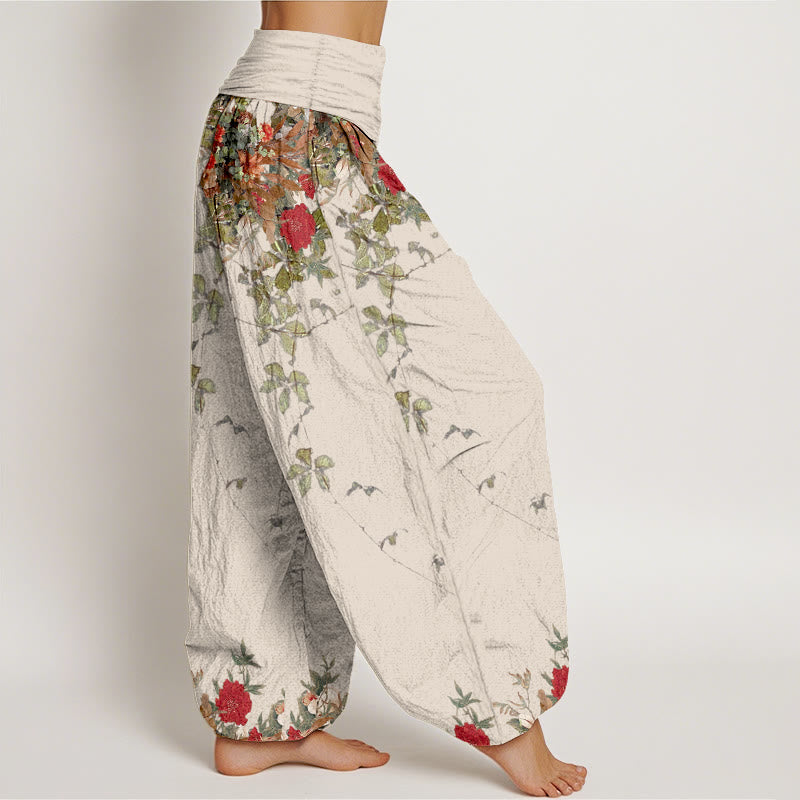 Pantalones bombachos de cintura elástica para mujer, de algodón puro con estampado de flores y hojas de colores y piedras de Buddha Stones. - image 10