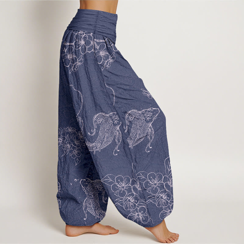 Pantalones bombachos de cintura elástica para mujer, de algodón puro con exquisitos estampados de flores y peces koi, confeccionados con Buddha Stones. - image 2
