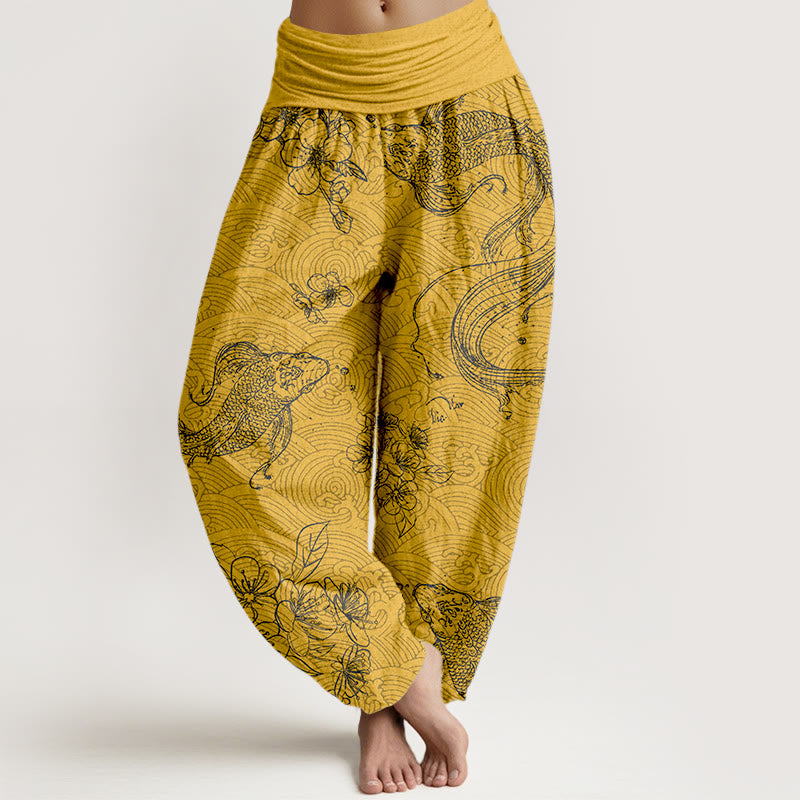 Pantalones bombachos de cintura elástica para mujer, de algodón puro con exquisitos estampados de flores y peces koi, confeccionados con Buddha Stones. - Oro - US16，UK/AU20，EU48 (3XL) - image 5