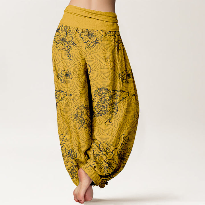 Pantalones bombachos de cintura elástica para mujer, de algodón puro con exquisitos estampados de flores y peces koi, confeccionados con Buddha Stones. - image 6