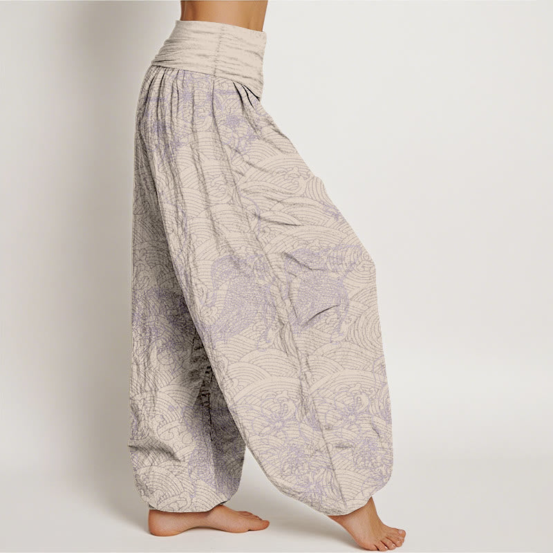 Pantalones bombachos de cintura elástica para mujer, de algodón puro con exquisitos estampados de flores y peces koi, confeccionados con Buddha Stones. - image 9