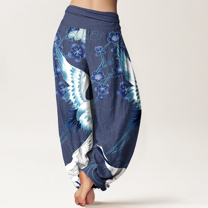 Pantalones bombachos de cintura elástica para mujer, de algodón puro con estampado de Buddha Stones, grullas, flores y nubes. - image 1