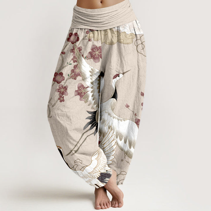 Pantalones bombachos de cintura elástica para mujer, de algodón puro con estampado de Buddha Stones, grullas, flores y nubes. - PapayaWhip - US16，UK/AU20，EU48 (3XL) - image 5