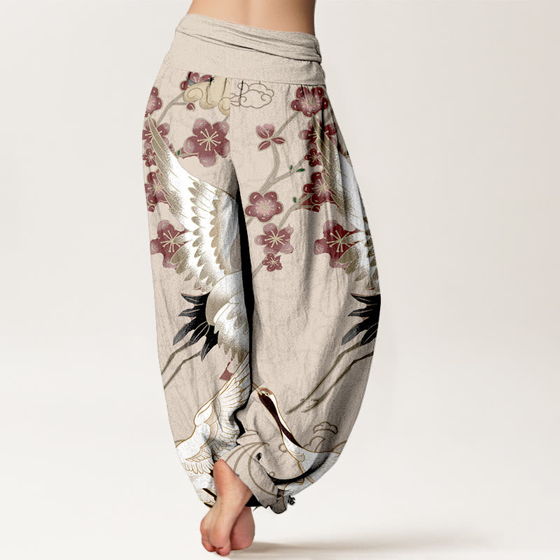 Pantalones bombachos de cintura elástica para mujer, de algodón puro con estampado de Buddha Stones, grullas, flores y nubes. - image 6