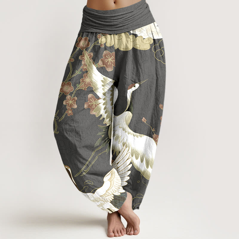 Pantalones bombachos de cintura elástica para mujer, de algodón puro con estampado de Buddha Stones, grullas, flores y nubes. - Gris tenue - US16，UK/AU20，EU48 (3XL) - image 8