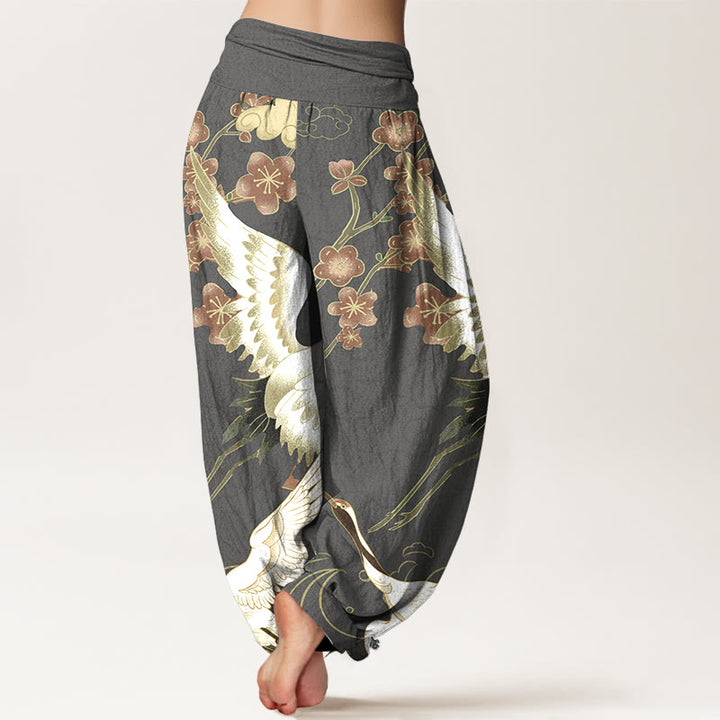 Pantalones bombachos de cintura elástica para mujer, de algodón puro con estampado de Buddha Stones, grullas, flores y nubes. - image 9