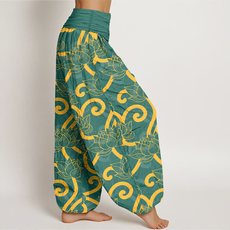 Pantalones bombachos de cintura elástica para mujer, de algodón puro con estampado de loto y Buddha Stones. - image 2