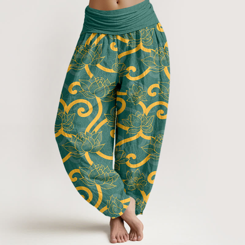 Pantalones bombachos de cintura elástica para mujer, de algodón puro con estampado de loto y Buddha Stones. - Verde - US16，UK/AU20，EU48 (3XL) - image 0