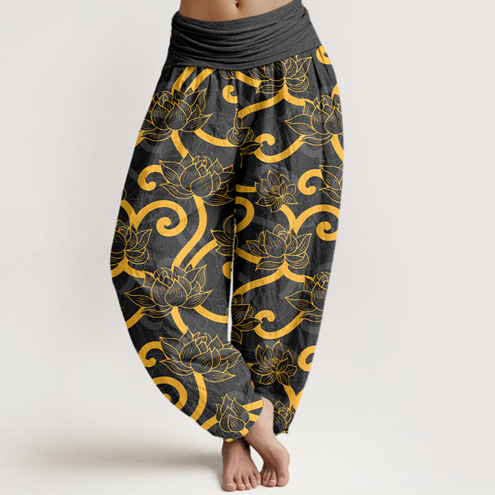 Pantalones bombachos de cintura elástica para mujer, de algodón puro con estampado de loto y Buddha Stones. - Negro - US16，UK/AU20，EU48 (3XL) - image 5