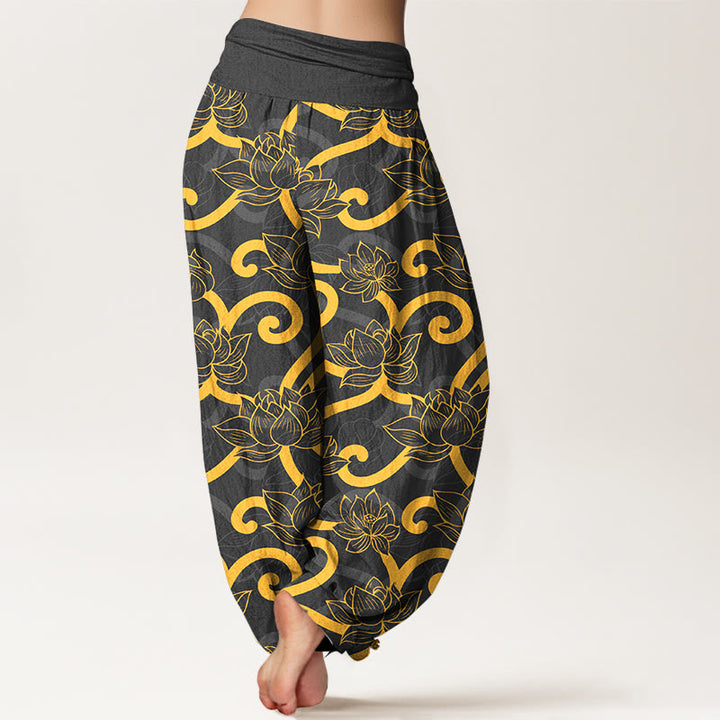 Pantalones bombachos de cintura elástica para mujer, de algodón puro con estampado de loto y Buddha Stones. - image 6