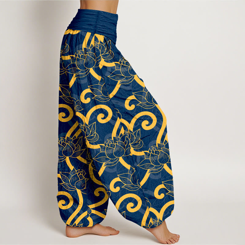 Pantalones bombachos de cintura elástica para mujer, de algodón puro con estampado de loto y Buddha Stones. - image 10