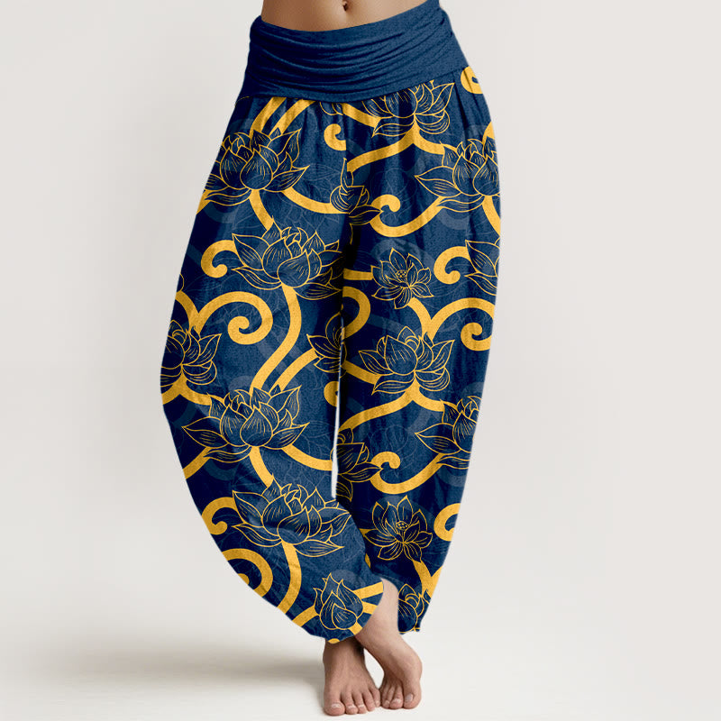 Pantalones bombachos de cintura elástica para mujer, de algodón puro con estampado de loto y Buddha Stones. - Azul - US16，UK/AU20，EU48 (3XL) - image 8
