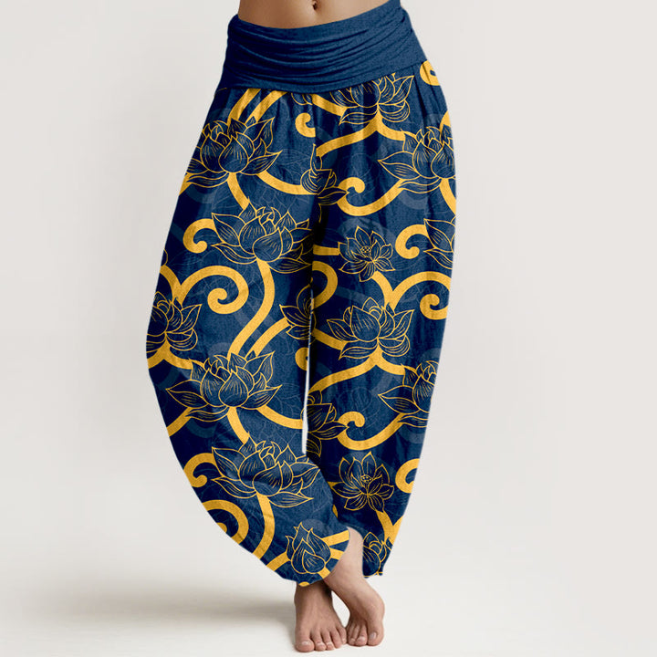 Pantalones bombachos de cintura elástica para mujer, de algodón puro con estampado de loto y Buddha Stones. - Azul - US16，UK/AU20，EU48 (3XL) - image 8