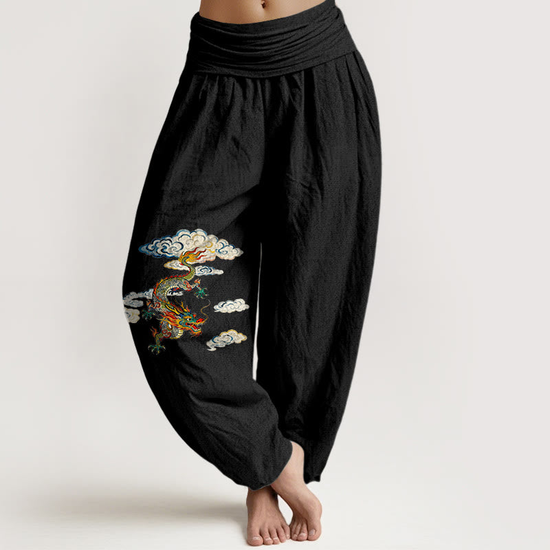 Pantalones bombachos de cintura elástica para mujer, de algodón puro con estampado de nubes y dragones de colores y Buddha Stones. - Negro - US16，UK/AU20，EU48 (3XL) - image 0