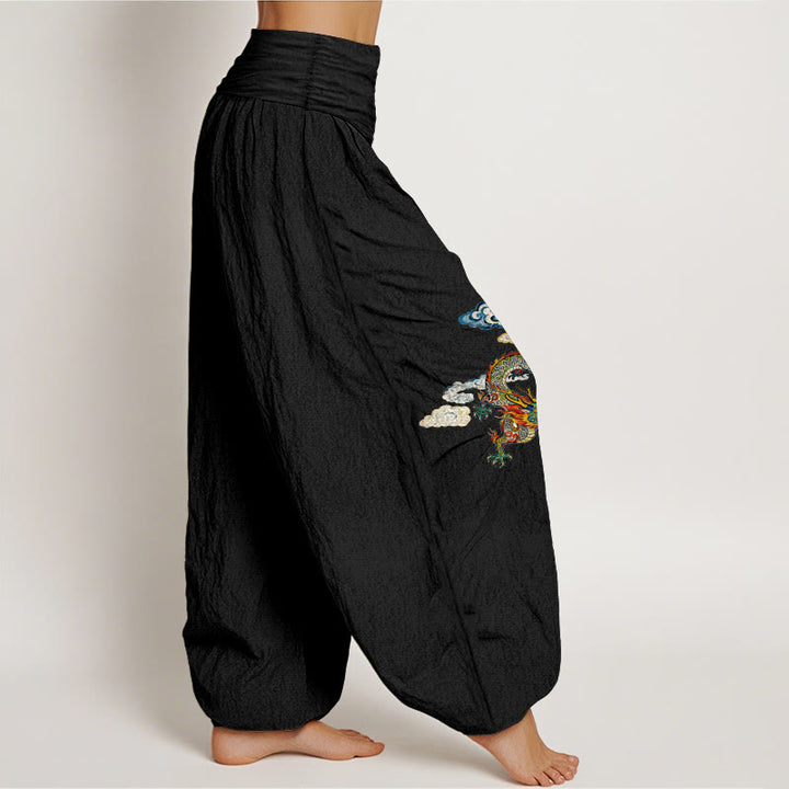 Pantalones bombachos de cintura elástica para mujer, de algodón puro con estampado de nubes y dragones de colores y Buddha Stones. - image 2