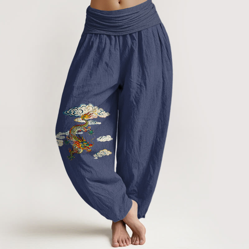 Pantalones bombachos de cintura elástica para mujer, de algodón puro con estampado de nubes y dragones de colores y Buddha Stones. - Azul pizarra oscuro - US16，UK/AU20，EU48 (3XL) - image 5