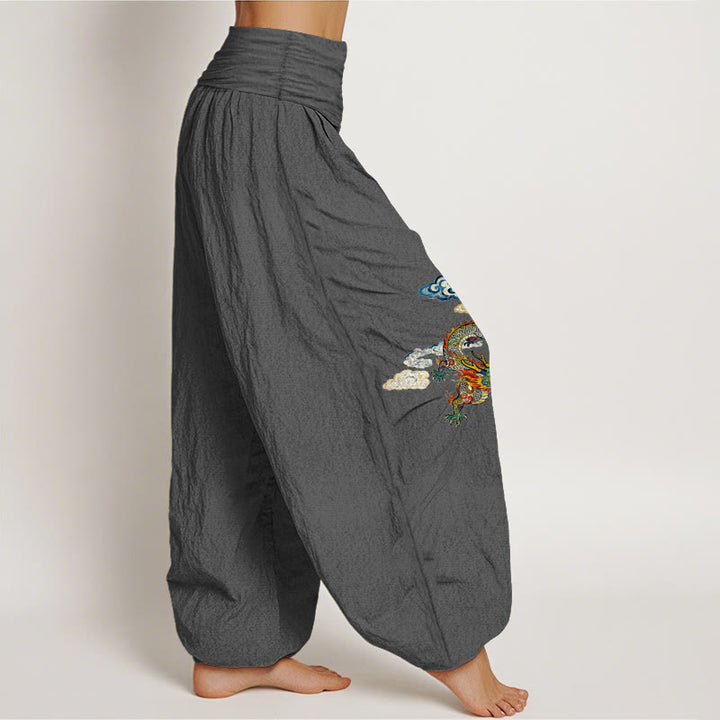 Pantalones bombachos de cintura elástica para mujer, de algodón puro con estampado de nubes y dragones de colores y Buddha Stones. - image 10