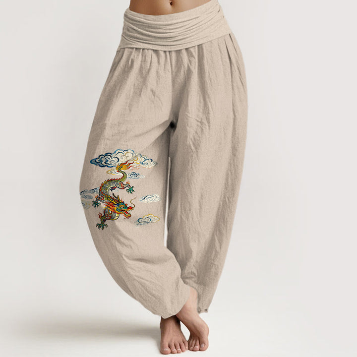 Pantalones bombachos de cintura elástica para mujer, de algodón puro con estampado de nubes y dragones de colores y Buddha Stones. - Broncearse - US16，UK/AU20，EU48 (3XL) - image 11