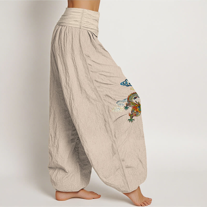 Pantalones bombachos de cintura elástica para mujer, de algodón puro con estampado de nubes y dragones de colores y Buddha Stones. - image 13